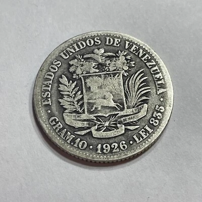 Moneda de plata 1926 Venezuela 2 bolívares - 10 gramos .835 Simón Bolívar Libertador Foto 1 de 2