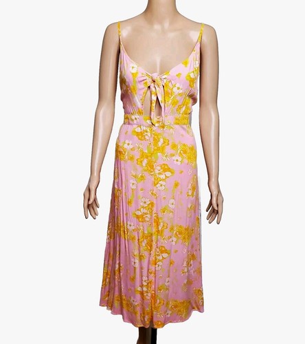 VALENTINO Abito da festa BP Nordstrom L fiocco davanti rosa margherita floreale midi prendisole spiaggia nuovo