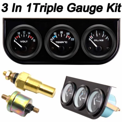 52mm Electronic Triple Gauge Kit Oil Pressure+Water+Tem+Voltmeter Meter for Cars - Image 1 of 4