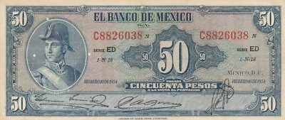 Мексика: $50 песо Игнасио Альенде 10 февраля 1954 Banco de Mexico. - Изображение 1 из 2