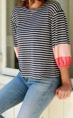 Top Mododoc Los Angeles Azul y Blanco Rayas Boho Color Manga Bloque Talla Grande Foto 1 de 4