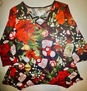 NUEVO CON ETIQUETAS One World Navidad Medias de Pascua S L XL 1X 2X Camisa Roja Deslumbrada Top - Imagen 1 de 6