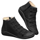 Leather Round Casual Lace-up Women's Boots Shoe Side Toe Flat Zipper Boots