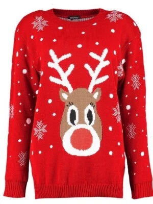 Ladies Snowflake Reindeer Christmas Jumper Bottle & Red Size S/M M/L LJNov15-03 - Image 1 of 4