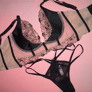 Victoria's Secret 32DD,34B,34C,34D,34DD CORSET BRA SET S BLACK BEIGE EMBROIDERED - Picture 1 of 7