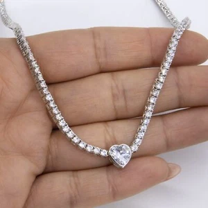 Shiny Tennis Chain Heart Necklace Sterling Silver 925 - Picture 1 of 7