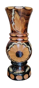 Vtg Decorative Folk Hand Carved Solid Wood Sculpture Vase Jug Painted Flowers - Picture 1 of 4
