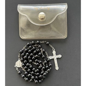 Vintage Boys Rosary Black Beads Jesus Mary Catholic BVM Prayer Religious - Picture 1 of 5