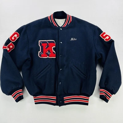Jaqueta masculina vintage futebol Varsity XL lã marinha JFK Kennedy católica NY EUA - Imagem 1 de 4