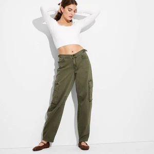 Women's Mid-Rise Barrel Cargo Pants - Wild Fable Olive Green L - Picture 1 of 3