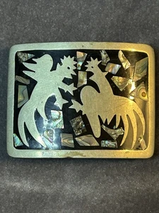 Vtg Rectangular Rooster Etched Pattern Inlaid Abalone Silvertone Belt Buckle - Picture 1 of 16