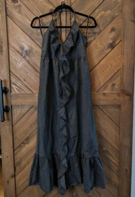 J Crew 女式棉质波点 A 字吊带长裙黑色荷叶边 10 码全新 — 第 1/4 张图片