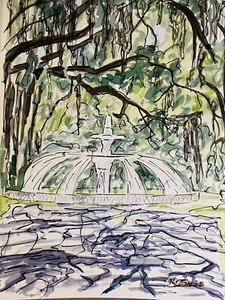 K C JONES Art | FORSYTH PARK | Print Savannah Georgia Fountain City Watercolor - Picture 1 of 4