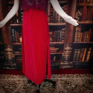 Red Velvet Maxi Skirt Vintage 1970s Slit Glamor Romantic Femme Fatale 70s - Picture 1 of 7
