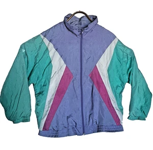 Vintage 80's Bocoo Womens Large Turquoise Purple Nylon Windbreaker Full Zip Rare - Picture 1 of 6