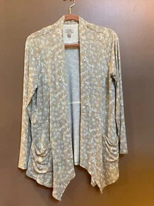 LOGO by Lori Goldstein Cardigan gray yellow white Floral Open Front Cascading SM - Picture 1 of 8