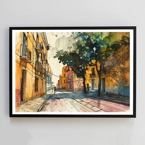 Colourful Street Watercolour City Painting Illustration 7x5 Wall Decor Art Print - Picture 1 of 2