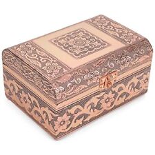 N Moroccan Copper Tone Metal Stamped Round Top Trunk Keepsake Box