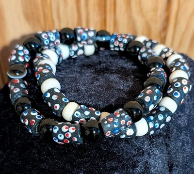 Juego de 2 pulseras elásticas tribales de 8 pulgadas, crobo negro, ágata con bandas negras, hueso Foto 1 de 4