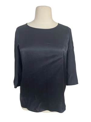 Blusa Vince Azul Marino 100% Seda Pull Over Alta Baja Talla L Foto 1 de 4