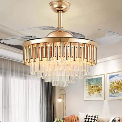42" Crystal LED Chandelier Gold with Remote Invisible Ceiling Fan Light 3 Color - Image 1 of 4