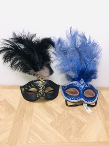 2- Deluxe Maskerade Maske schwarz und blau mit Gold Silber Glitzer mit Federn - Bild 1 von 5