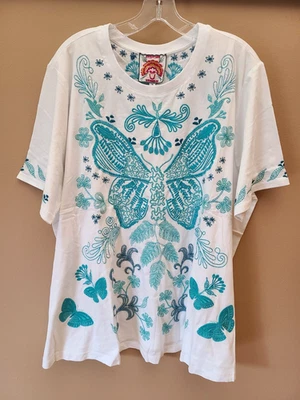 $138 JOHNNY WAS PLUS Talla 1X BENEDITA CAMISETA BORDADA MARIPOSA ALGODÓN BLANCO NUEVO CON ETIQUETAS Foto 1 de 4