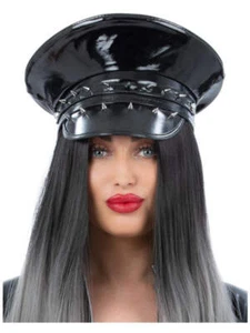 Black PVC Biker Hat Adults Fancy Dress Sexy Punk Rocker 90s Cop hat - Picture 1 of 2