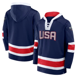 USA 4 NACIONES FACE-OFF FANÁTICOS AZUL MARINO SUÉTER CON CORDONES SUDADERA CON CAPUCHA TALLA MEDIANA - Imagen 1 de 3