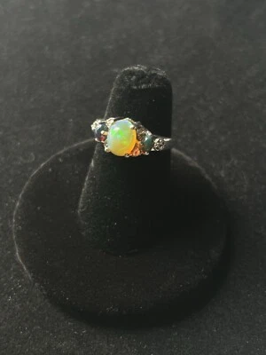 Ethiopian Opal & Natural Diamonds Cluster Statement Ring 925 Sterling Silver Sz5 - Image 1 of 4