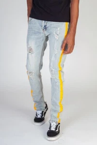 MEN'S ORANGE PAINT SIDE STRIPED RIPPED SKINNY FASHION BLUE JEANS - Picture 1 of 4