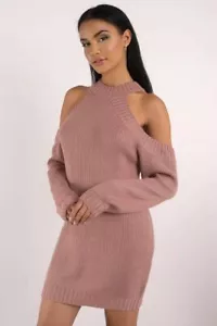 New TOBI Half Thought Chunky Knit Cold Shoulder Sweater Dress in Rose S - Picture 1 of 4