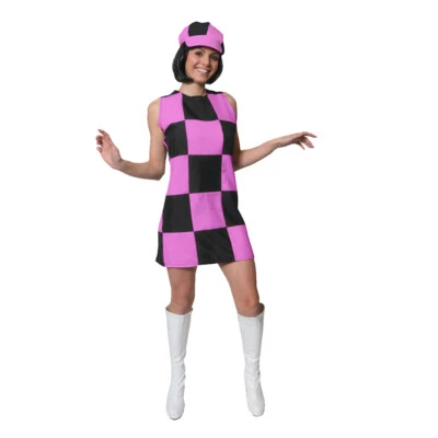 PINK AND BLACK 60S 70S PARTY GIRL FANCY DRESS COSTUME LADIES SHIFT DRESS & HAT - Image 1 of 4