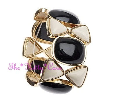 Brazalete ancho de resina negra crema elegante retro bloque de color geométrico dorado Foto 1 de 2