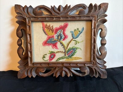 Vintage Crewel Embroidery Flower Art Finished MCM 10.5 X 9” Framed Carved Wood - Image 1 of 4