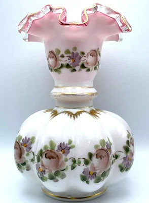 Fenton Art Glass Charleton Vase Double Crimped 8.5" Pink White Ruffled Floral - Image 1 of 4