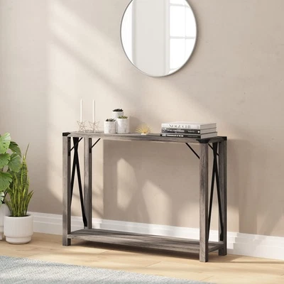 Willard Gray Wash Wood Two Tier Modern Farmhouse Console Table with Black Met... - Image 1 of 4