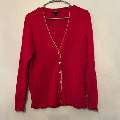 Suéter cárdigan tejido con cable rojo Lands' End para niñas L 14-16 borde dorado Foto 1 de 4