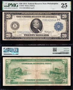 VERY NICE Bold & Crisp VF+ 1914 $20 PHILADELPHIA Fed. Reserve Note! PMG 25! 2954 - Picture 1 of 3