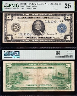 VERY NICE Bold & Crisp VF+ 1914 $20 PHILADELPHIA Fed. Reserve Note! PMG 25! 2954 - Image 1 of 3