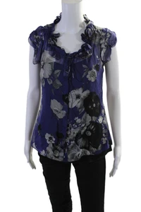 Elie Tahari Womens Silk Floral Print Button Down Blouse Blue Size S - Picture 1 of 4
