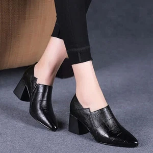 Women Pu Leather Shoes Pumps Block Thick-heeled Pointed Toe Office OL Shoes Size - Picture 1 of 7