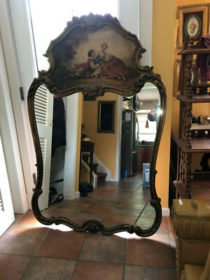Espejo antiguo tallado hoja de oro estilo francés con escena pintada a mano Foto 1 de 4