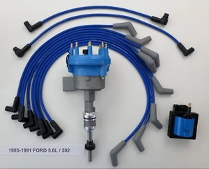 1985-1991 FORD 5.0L 302 EFI DISTRIBUTOR + BLUE SPARK PLUG WIRES + 48K COIL - Picture 1 of 8