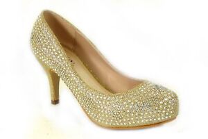 Ladies womens cinderella mid heel diamante bling sparkly slip on shoes size 3-8