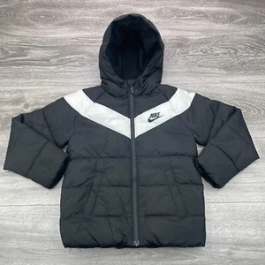 Nike Puffer Jacket Youth 7 Black White Quilted Swoosh Fleece Lined Full Zip Cozy - Picture 1 of 14