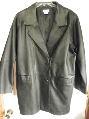 Chaqueta Larga Tribeca Studio 100% Cuero Negro Forrada 2 Botones Mujer Talla Grande Foto 1 de 3