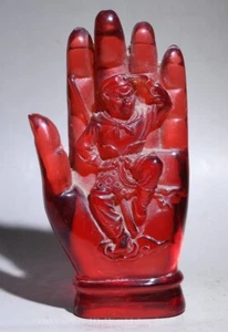 6" Old Chinese Buddhism Red Amber Carving Buddha Hand Sun Wukong Sculpture - Picture 1 of 11
