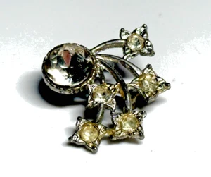 Vintage Brooch Pot Metal Silver Tone Clear Crystal Glass Stars Comet - Picture 1 of 8