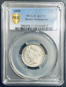 1899 Straits Settlements 20 Cent Silver Coin - PCGS AU 53 - Picture 1 of 5